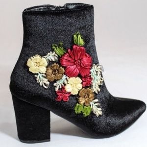 Black Velvet Booties with Stiched Flowers